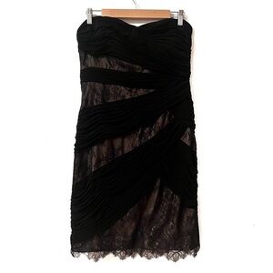 Monique Lhuillier Black Strapless Lace Ruched Dress Cocktail Prom Evening Sz 10